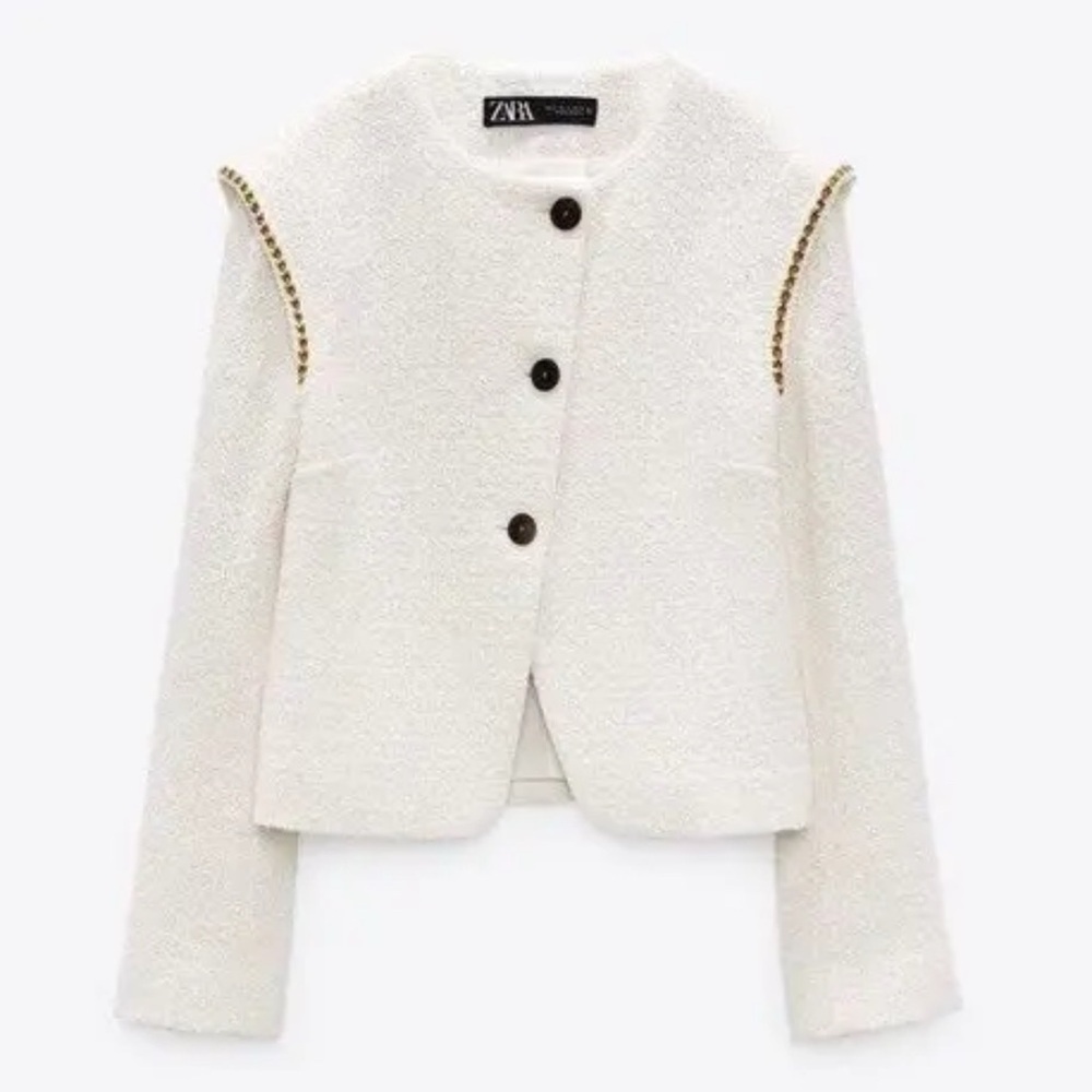 Zara Pronounced Shoulder Textured Jacket in Ecru Cream Size M